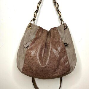 Vince Camuto Two-Tone Taupe Brown Slouchy Leather Hobo Bag Chain Strap Crossbody
